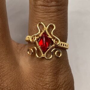 Elegant Gold and Red Wire Wrapped Ring